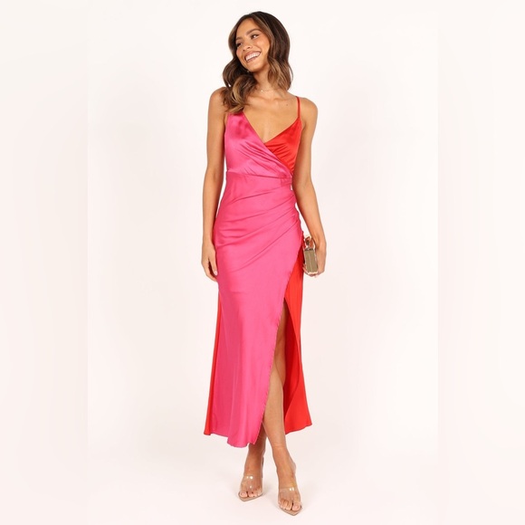 PETAL & PUP LIPA COLOURBLOCK MIDI SLIP DRESS - PINK/RED B1709 - Picture 1 of 7